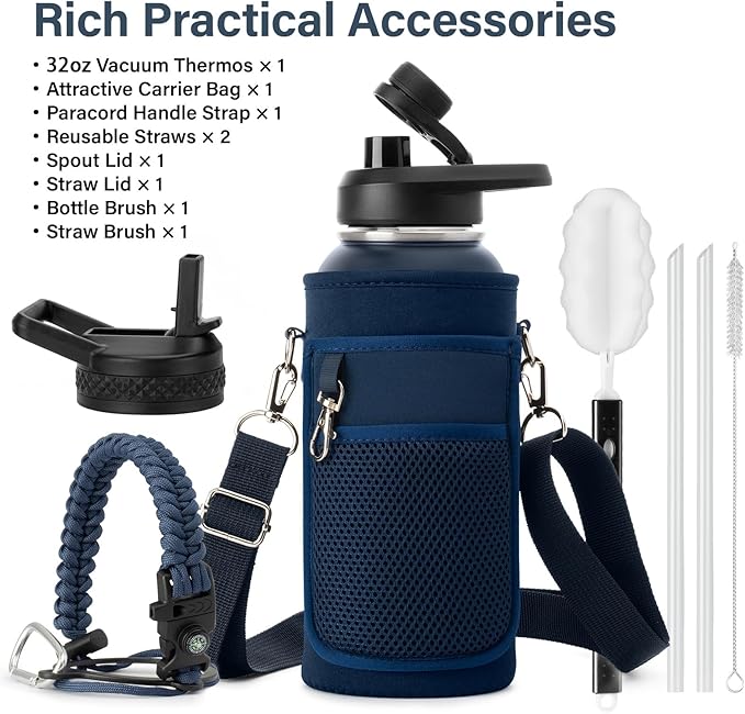 32 oz Insulated Water Bottle | Thickened Stainless Steel Vacuum Metal | Portable Sports Water Jug for Gym and Hiking with Straw, Carrier Bag, Handle Strap | BPA-Free 32 oz
