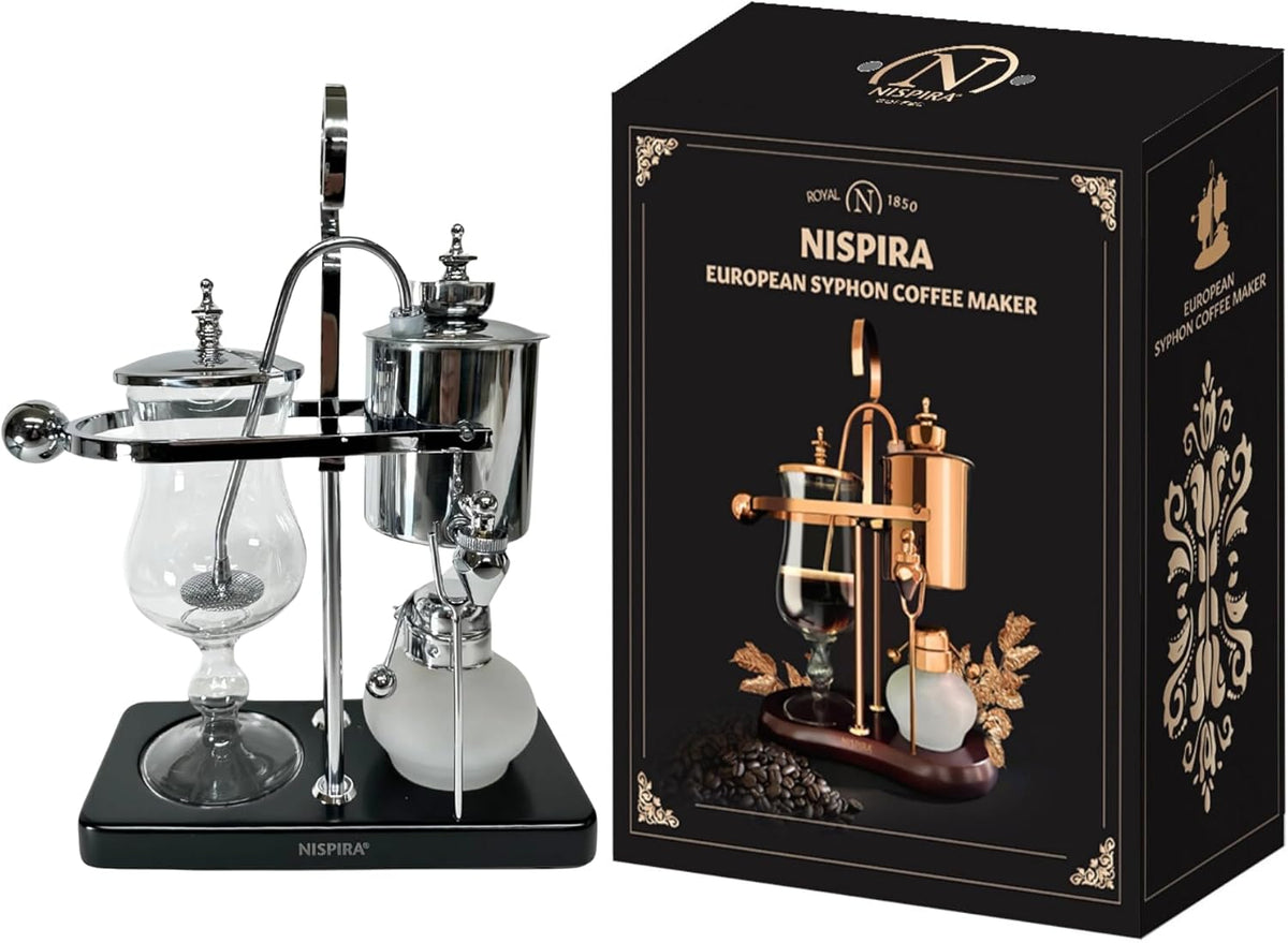 Nispira Belgium Royal Family Balance Syphon Unique Gravity Vintage Coffee Maker Vacuum Brewing System Silver 500 ml