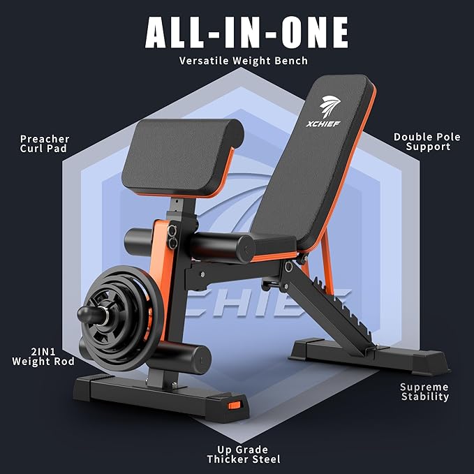 Adjustable Weight Bench, 1000LBS Heavy Duty Foldable Workout Bench with Leg Extension and Preacher Curl Pad, Flat/Incline/Decline for Home Gym Full Body Strength Training