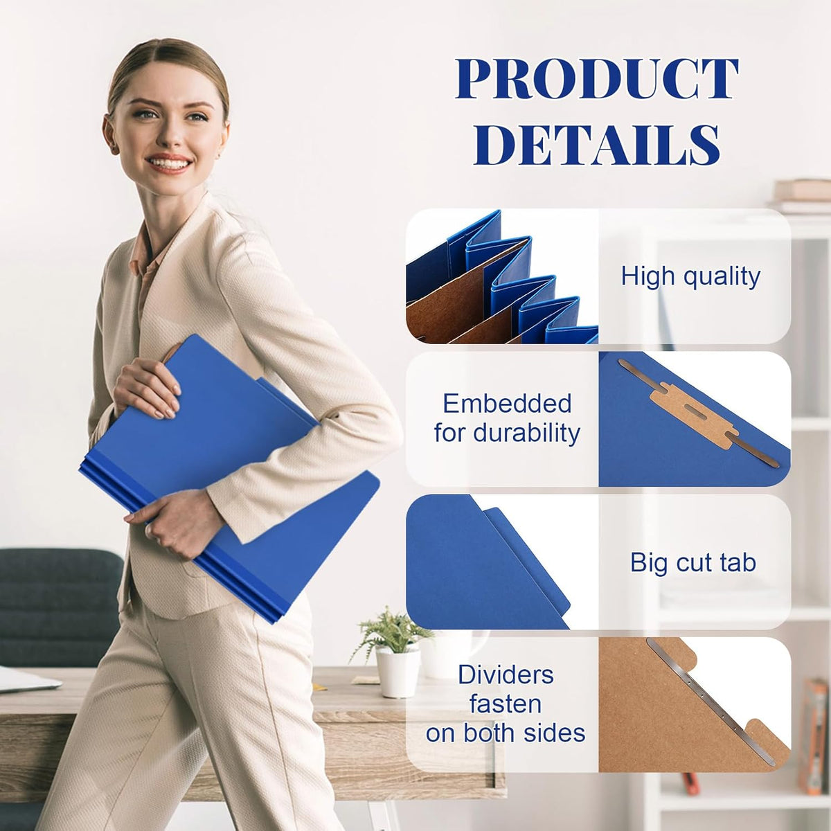24 Pcs Classification Folders Letter Size, Back to School Supply for Teacher, Student, 3 Dividers Pressboard File Folder Bulk with 2 Fasteners, 3.5 Inch Expanding File Organizer (Dark Blue)