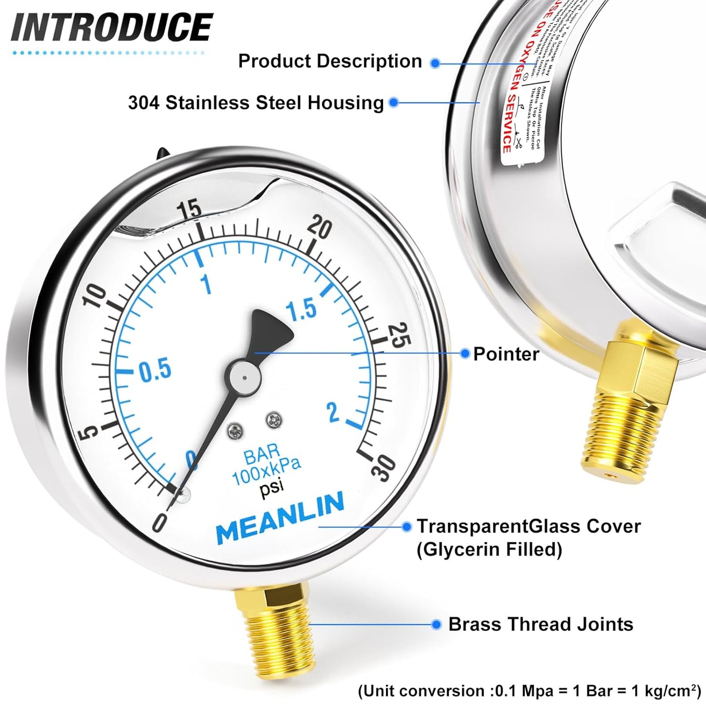 MEANLIN MEASURE 0~30Psi Stainless Steel 1/4" NPT 4" FACE DIAL Liquid Filled Pressure Gauge WOG Water Oil Air Lower Mount, with 1/2" NPT and 3/8" NPT Hex Bushing