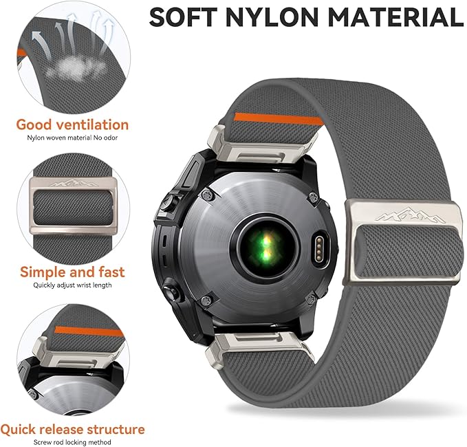 26mm Nylon Stretchy Band for Garmin Fenix 6x/5x/7x Band, Soft Adjustable Smartwatch Bands for Garmin Fenix 5X Plus, Fenix 6X Pro,Fenix 3,Fenix 3 HR, Descent MK1/Mk2/ Mk2S,Enduro/Enduro 2