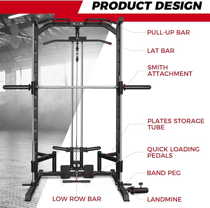 RitFit Smith Machine Power Rack with LAT-Pull Down System, Landmine, Barbell Bar, Plate Storage Pegs and More Training Attachment