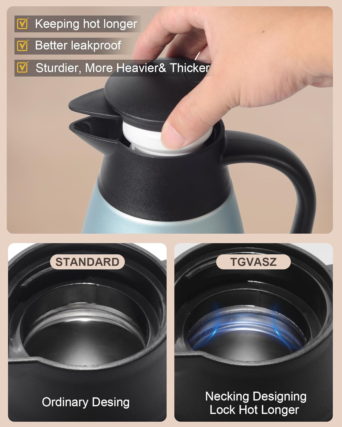 70 OZ Updated Thermal Coffee Carafe for keeping hot, 2 PCS Carafes for hot liquid, Insulated Coffee Carafe Stainless Steel Vacuum Thermal Pot for Coffee, Hot Water,Keep Hot 12 Hours (Blue+Blue)
