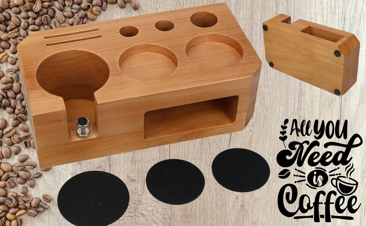 Espresso Tamping Station With Tools - 51, 53, 54 mm - Includes Coffee Tamper, Distributor, Dosing Funnel & Brush - Wooden Coffee Tamper Station - Espresso Organizer & Portafilter Holder