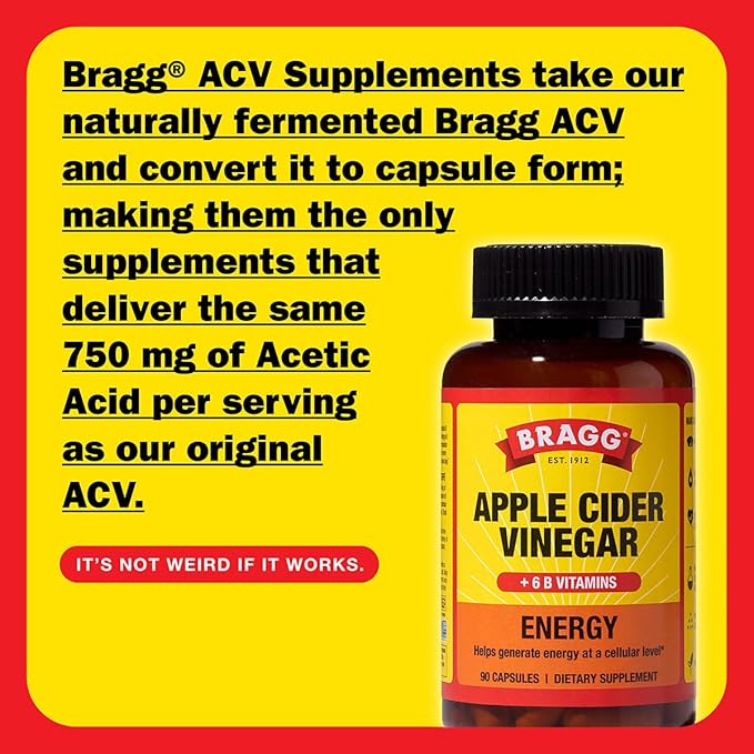 Bragg Energy Apple Cider Vinegar Capsules with B-12 Vitamins - 90 Capsules - Weight Management - Non-GMO, Vegan, Gluten Free, No Sugar - Helps Generate Energy at Cellular Level for Men and Women