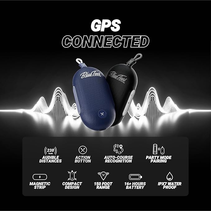 Blue Tees Golf Player Go - Compact GPS Speaker, Bluetooth Music & Audible GPS Distances, Auto Course Recognition, IPX7 Waterproof, 40,000+ Preloaded Courses, 16+ Hours Battery, Built-in Magnetic Strip