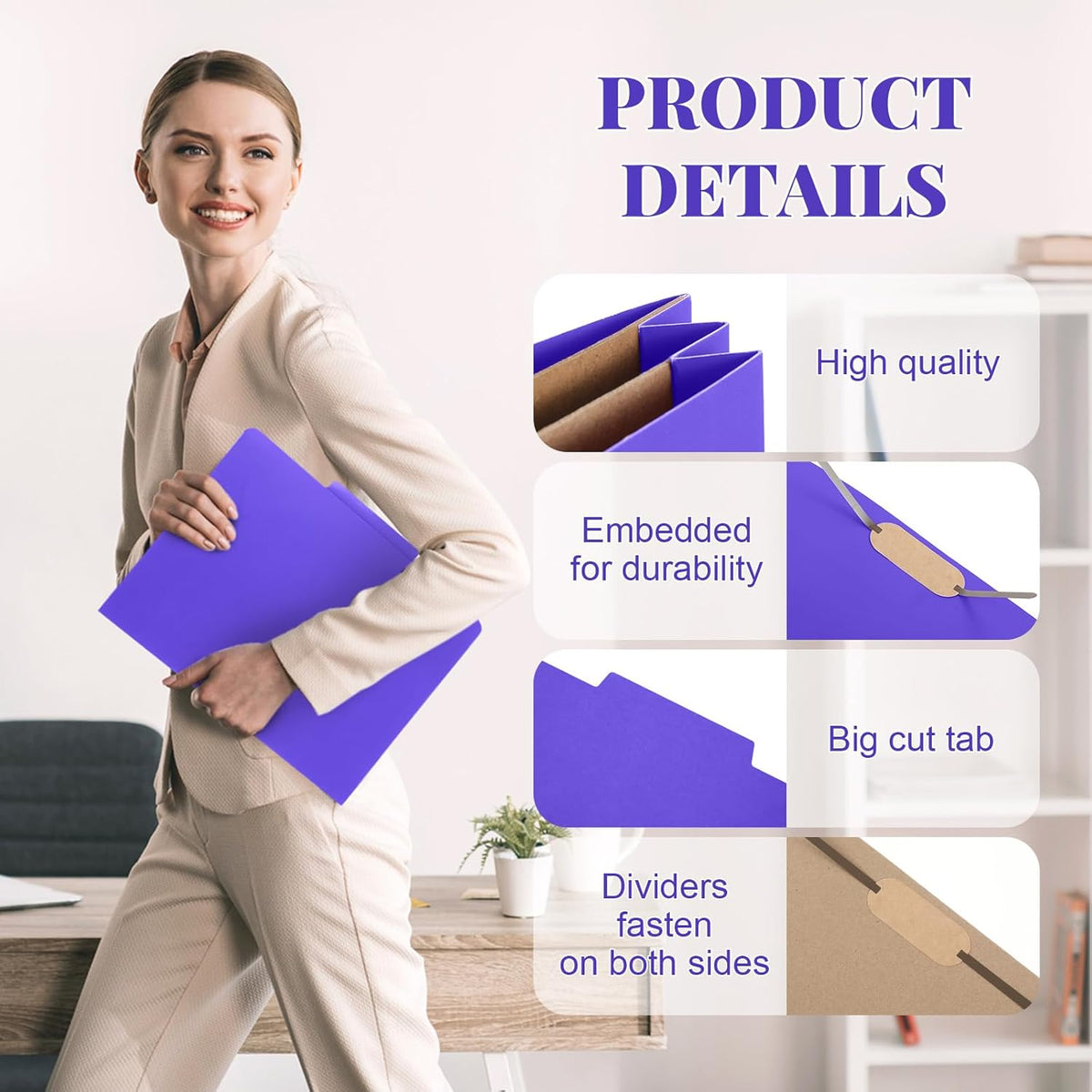 24 Pcs Classification Folders Letter Size, Back to School Supply for Teacher, Student, 2 Pocket Dividers Pressboard File Folder Bulk with 2 Fasteners, 2 in Expanding File Organizer (Purple)