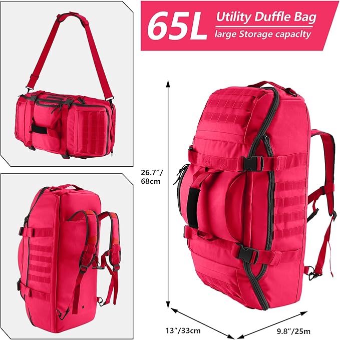 65L Large Duffle Bag, 3-in-1 Tactical Backpack MOLLE Pack for Sports, Gym, Outdoor, Red