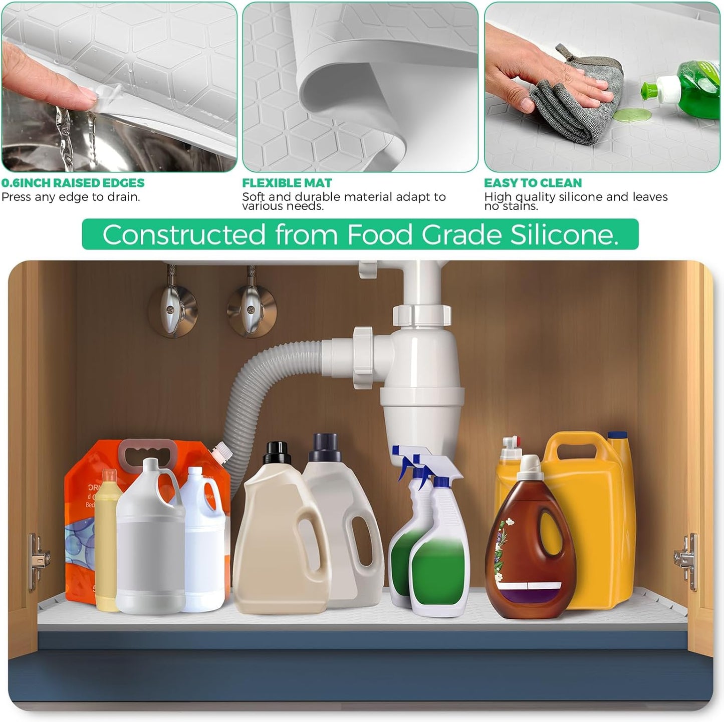TRZZ Silicone Waterproof Under Sink Mat 34" x 22", Drip Tray and Cabinet Liner for Kitchen and Bathroom, Prevents Water Damage and Organizes Cabinets (Mint Green)