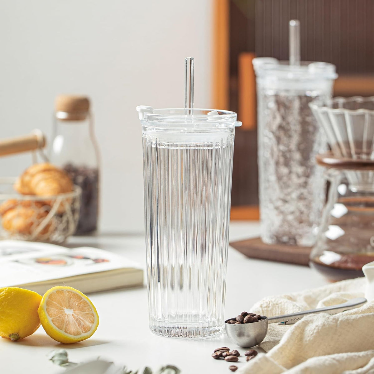 KEMORELA Ribbed Glass Tumbler with Straw and Lid – 18oz Durable Leak-Proof Drinking Cup for Hot and Cold Beverages – Stylish Design, Ideal for Iced Coffee, Smoothies, and More (2PCS-A)