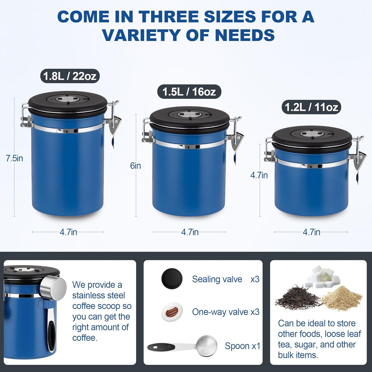 ShanSon Coffee Canister Airtight Coffee Container Stainless Steel Coffee Bean Storage Container with Scoop Coffee Canister for Beans Grounds Sugar Flour Tea Cereal,16OZ,Blue