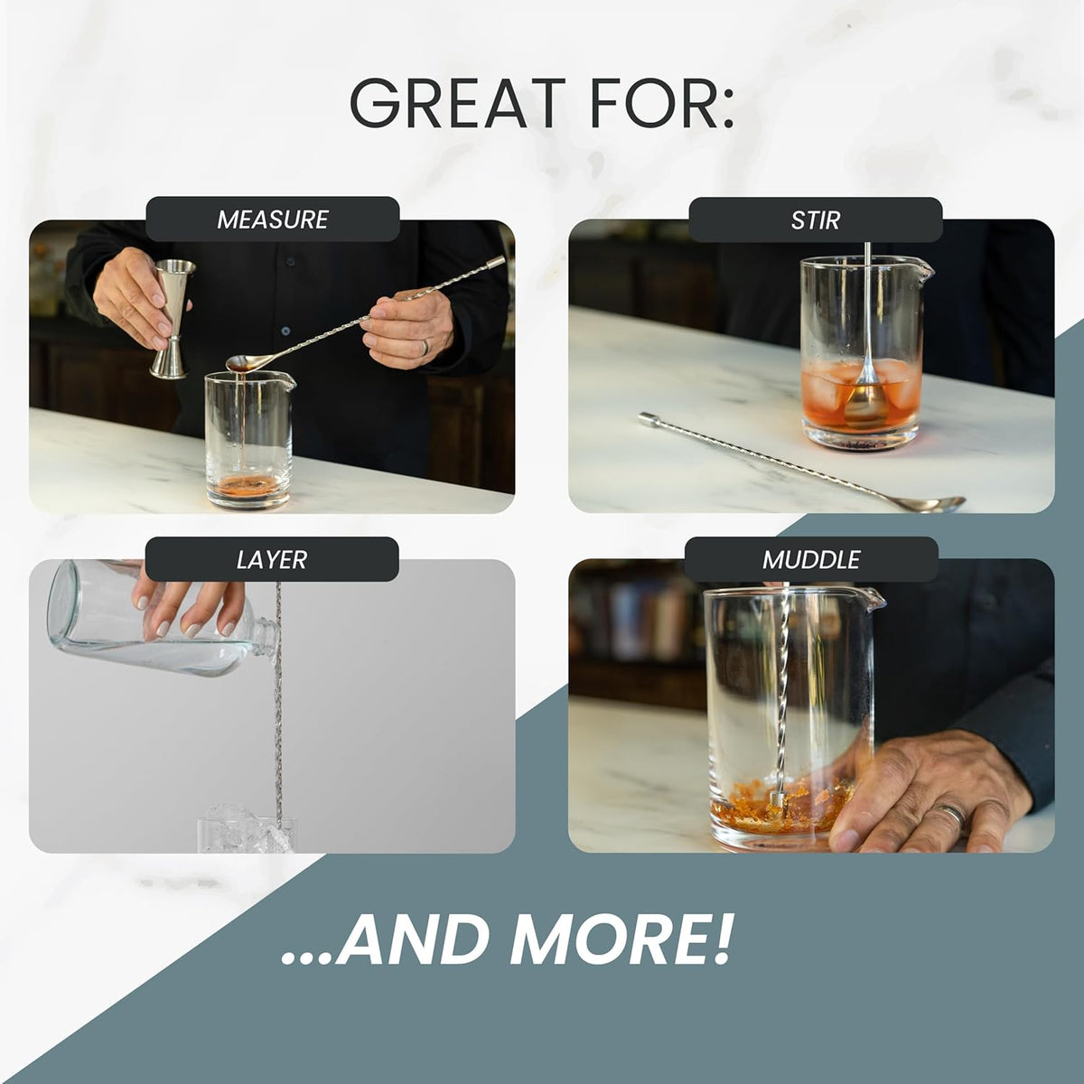 A Bar Above Bar Spoon Set, Spiral Handle, Stainless Steel Mixing Spoons for Cocktail Mixer Set, to Stir and Layer, Basic Professional or Home Bars Accessories (Stainless Steel, Spiral)