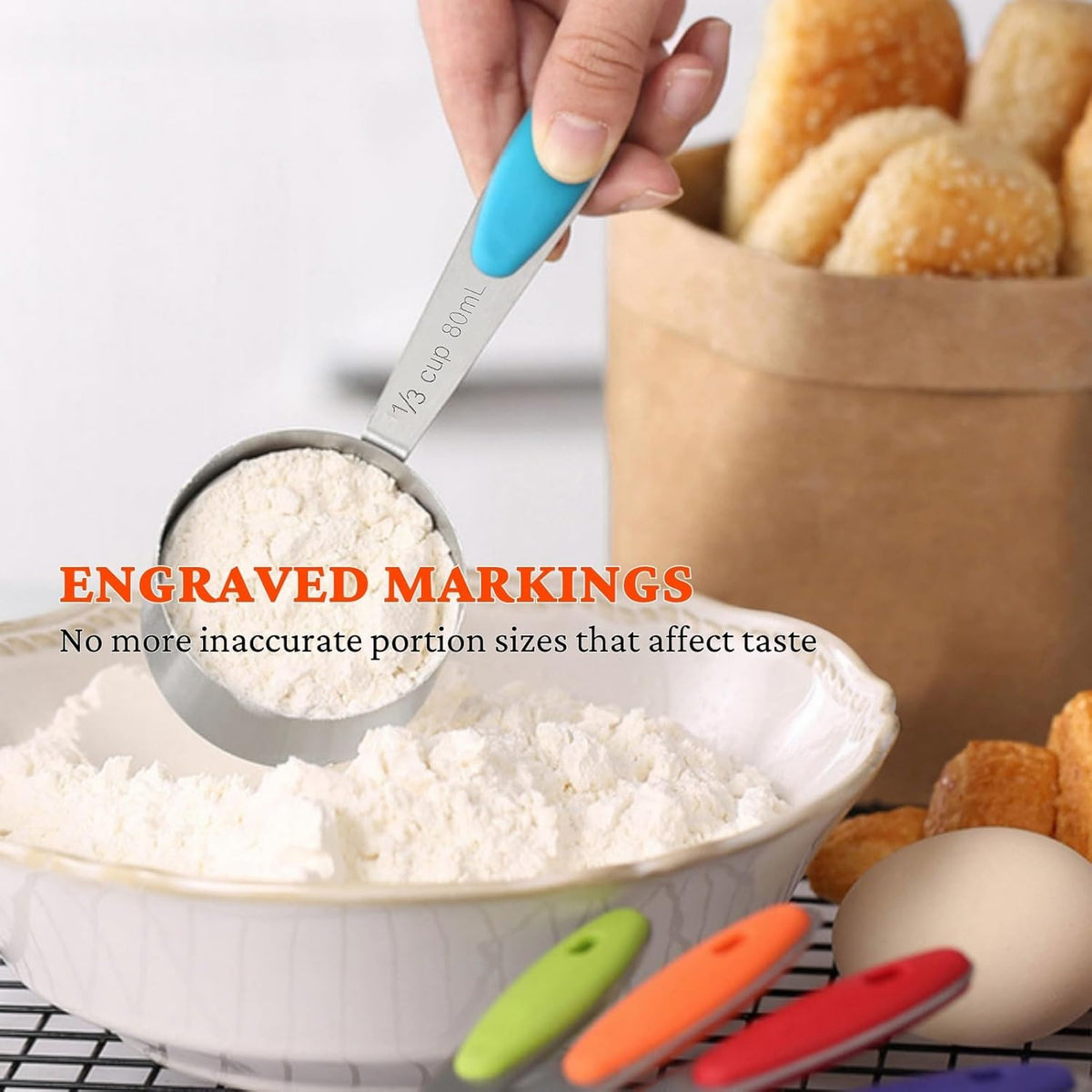 Stainless Steel Measuring Cups and Spoons Set of 19, 5 Measuring Cups with Colored Silicone Handles, 9 Nesting Spoons, 5 Mini Spoons, Kitchen Gadgets for Cooking & Baking, Dry and Liquid Ingredients
