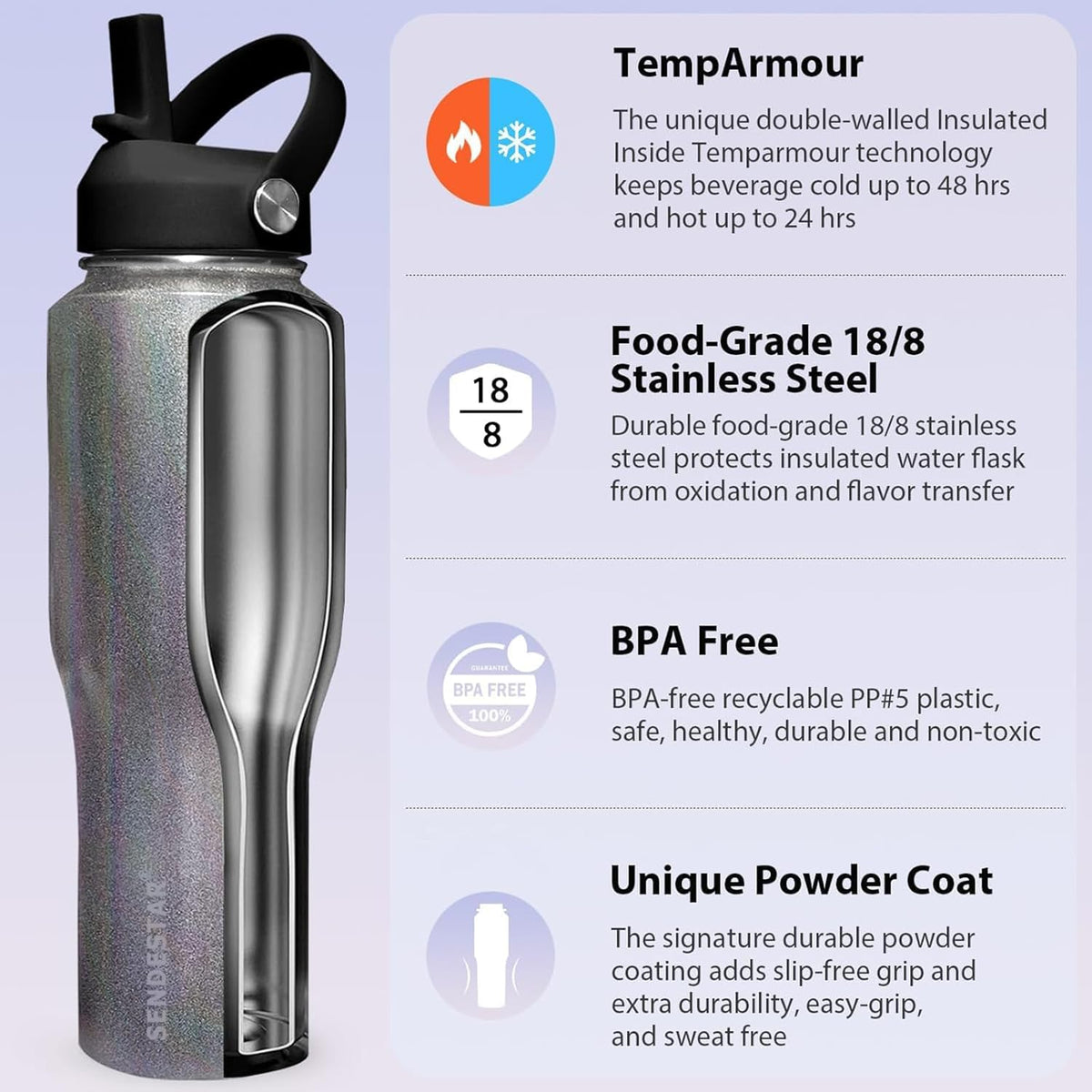 SENDESTAR 40oz Stainless Steel Water Bottle(Cold for 48 Hrs, Hot for 24 Hrs),Double Wall Vacuum Insulated Bottle with Straw Lid, Spout Lid and Flex Cap, Fit in Any Car Cup Holder TXIN-40-Laser Grey