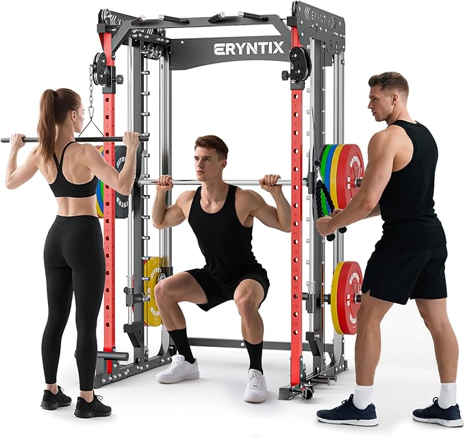 Smith Machine Power Rack | All-in-One Power Cage with Adjustable J-Hooks, Squat Rack for Home Gym, Cable Machine & Pull-Up Bar | Home and Garage Gym Equipment for Strength Training