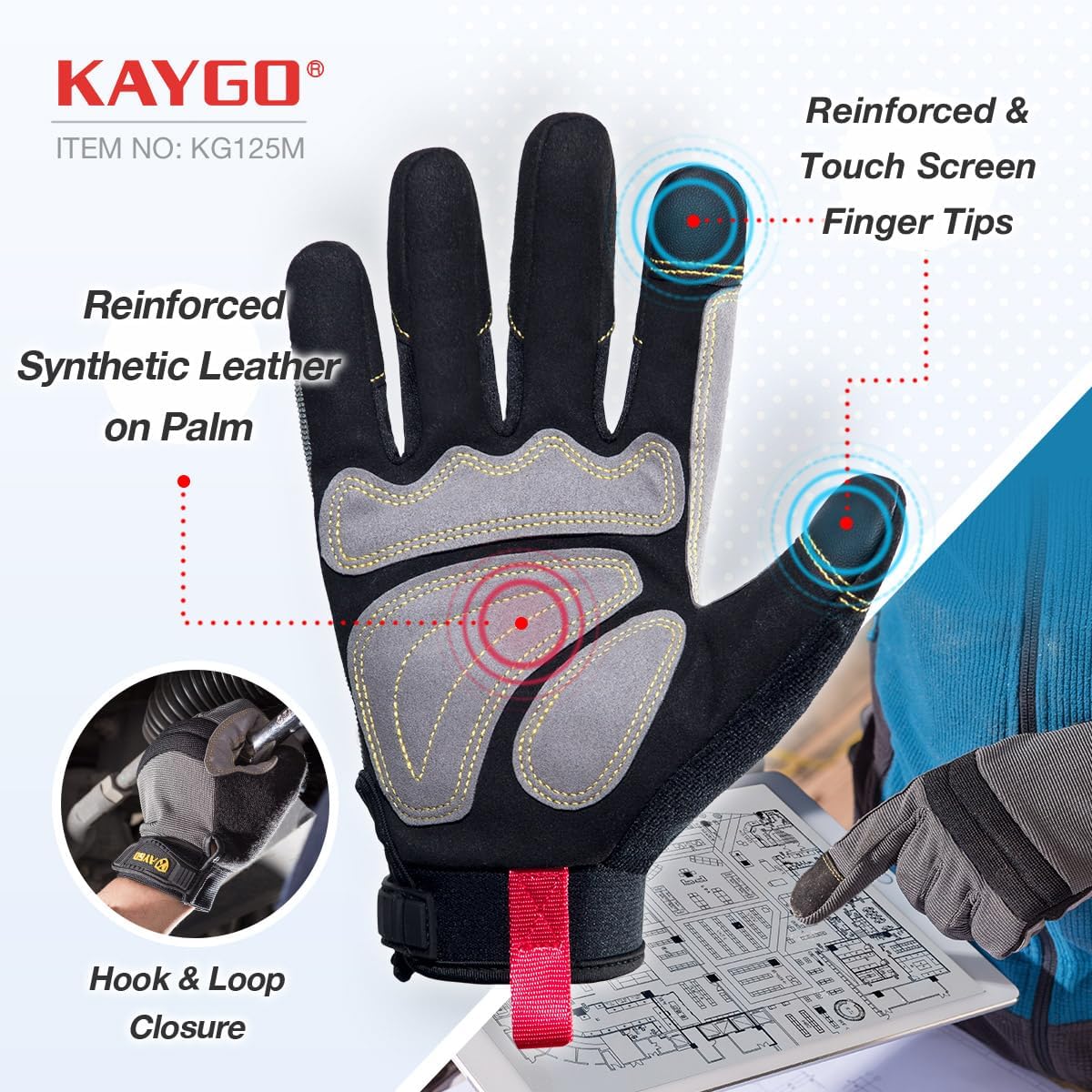KAYGO Work Gloves For Men, KG125M Mechanic Utility Work Gloves for All Purpose, Excellent Grip, Heavy Duty, Improved Dexterity, Touch Screen,Large,3 Pair,M