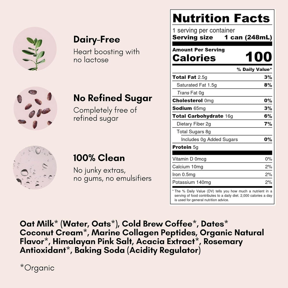 Pop & Bottle, Oat Milk Lattes - Cold Brew with Sustainably Sourced Marine Collagen, MCT Oil, Oat Milk, Organic, Dairy Free, Gluten Free, Great as Iced Coffee, Lightly Sweetened with Dates - Vanilla, 8 Fl Oz (12 Pack)