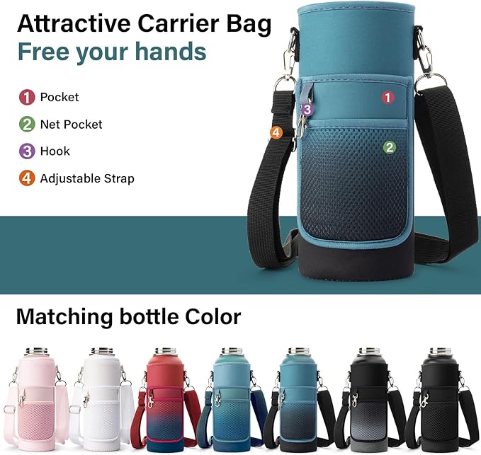 40 oz Insulated Water Bottle | Thickened Stainless Steel Vacuum Metal | Portable Sports Water Jug for Gym and Hiking with Straw, Carrier Bag, Handle Strap | BPA-Free 40 oz