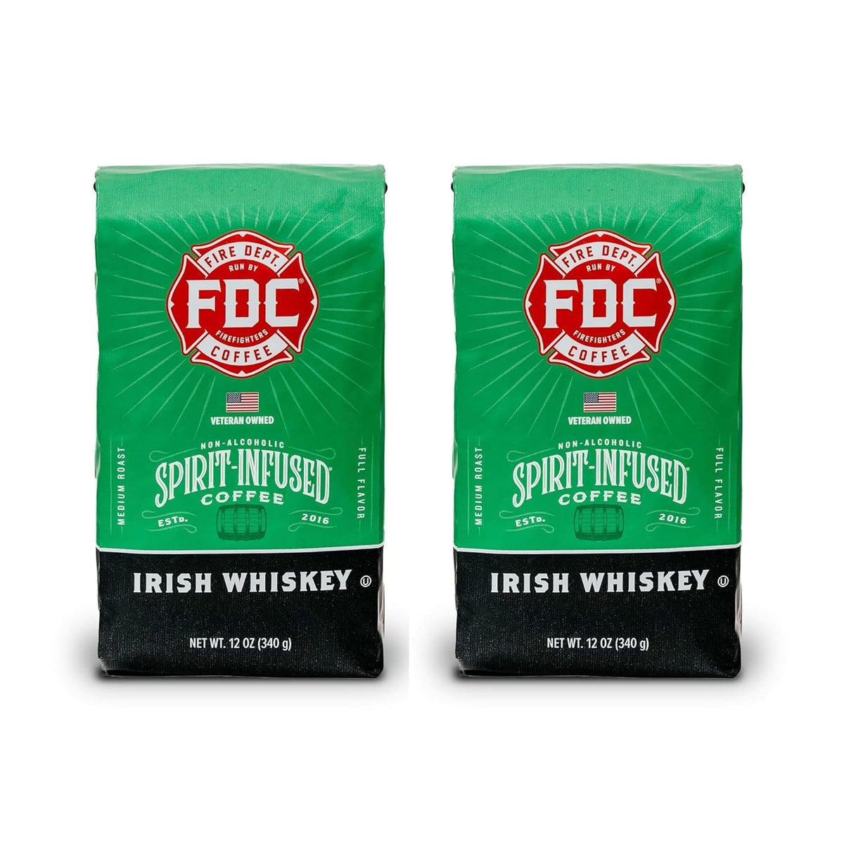 Fire Department Coffee - Gives Back to Firefighters - Irish Whiskey Infused Coffee Beans - Medium Roast - Non-Alcoholic - Roasted in the USA - Veteran Owned (12 oz, Pack of 2)