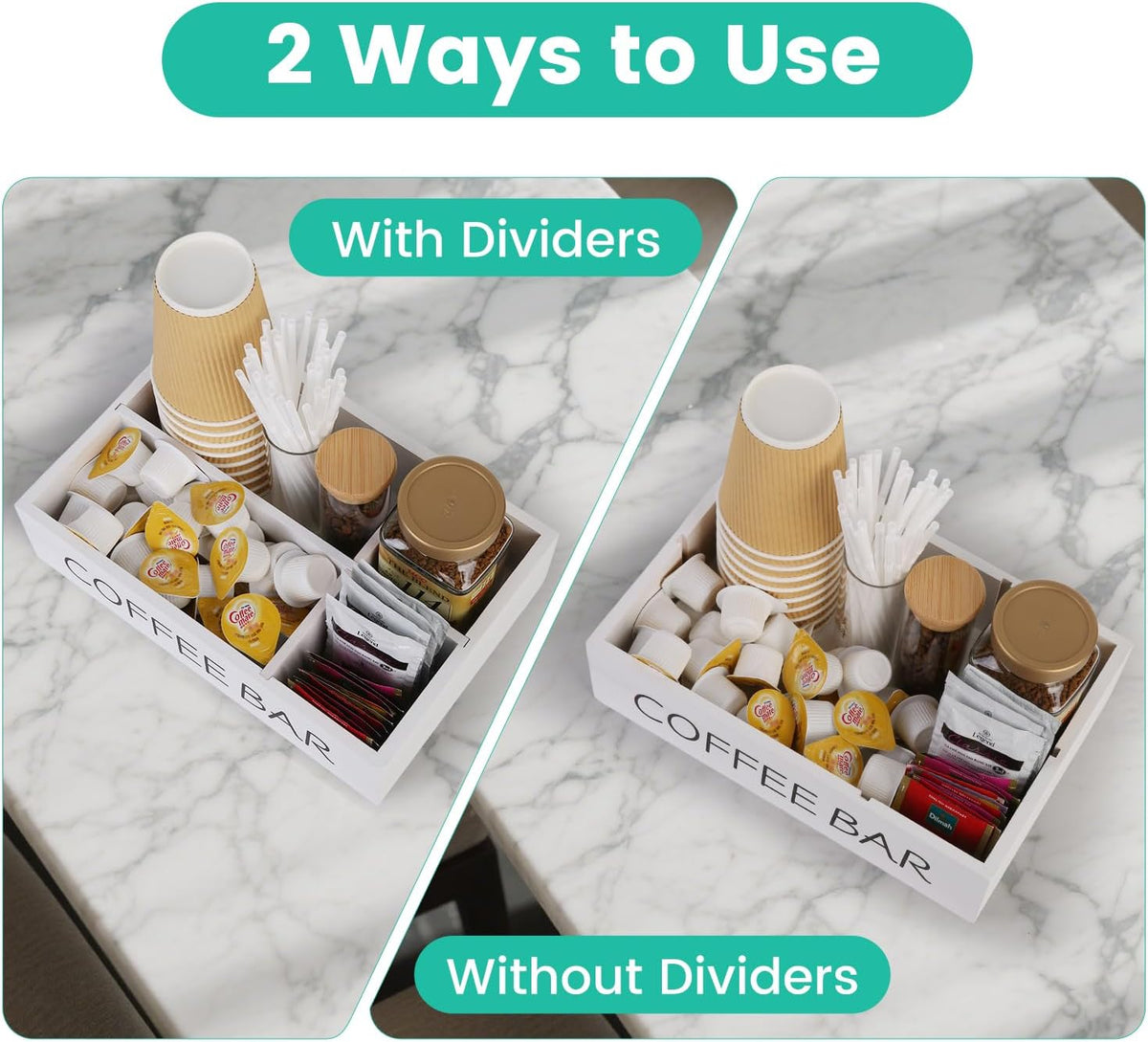 Coffee Bar Organizer – Wooden Coffee Station with 4 Compartments, Removable Dividers, and Condiment Storage for Home & Office