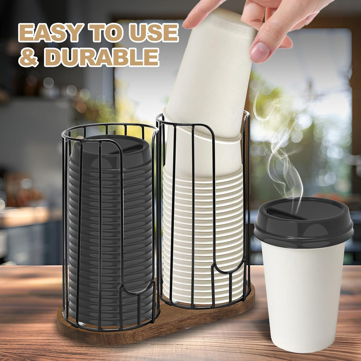 2-Compartment 18oz Coffee Cup Dispenser Rack with Wood Base, Disposable Cup, and Lid Organizer for Countertop - Perfect for Paper Cups, and Lid Organizer