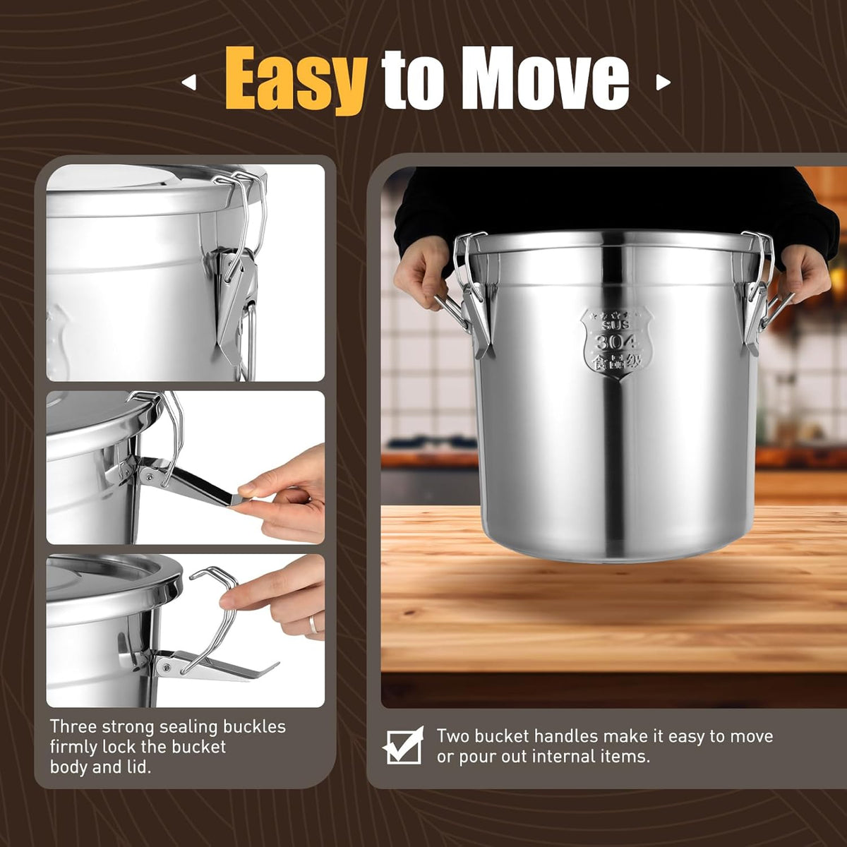 PERFERATE 304 Stainless Steel Airtight Canister 6L/12L Food Storage Bucket with Lids and Sturdy Locking Clamp Metal Cereal Rice Storage Container for Flour, Coffee Bean, Sugar, Cookie (33L)