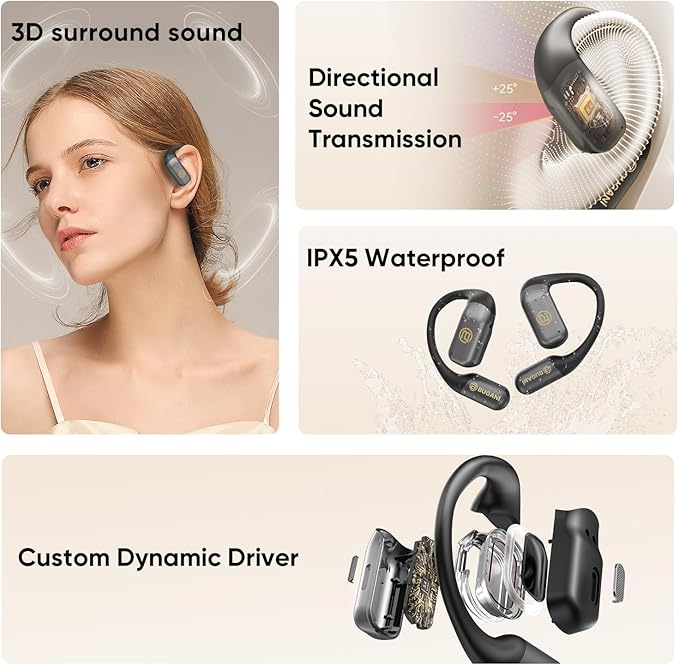 BUGANi Open Ear Headphones Wireless Earbuds,5.4 Bluetooth Headphones, IPX5 Waterproof Ear Buds for Running Workout Cycling Gift (White)