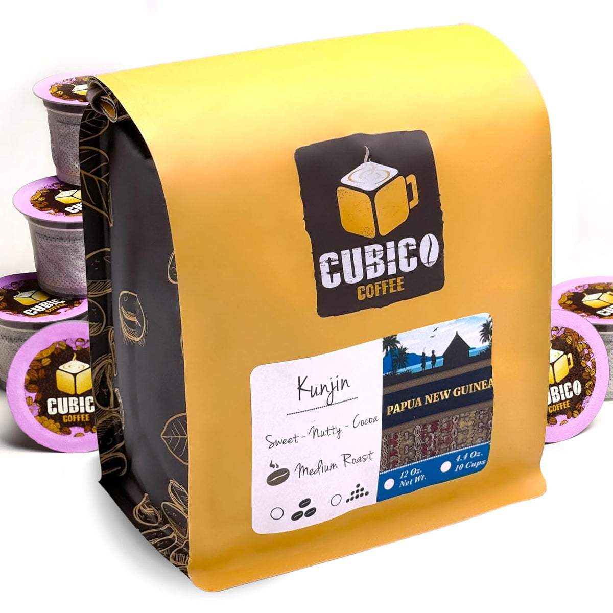 Cubico Coffee Medium Roast Papua New Guinea Kunjin Single Origin Coffee Pods, 10 Count, Compatible with Keurig K Cup Brewers