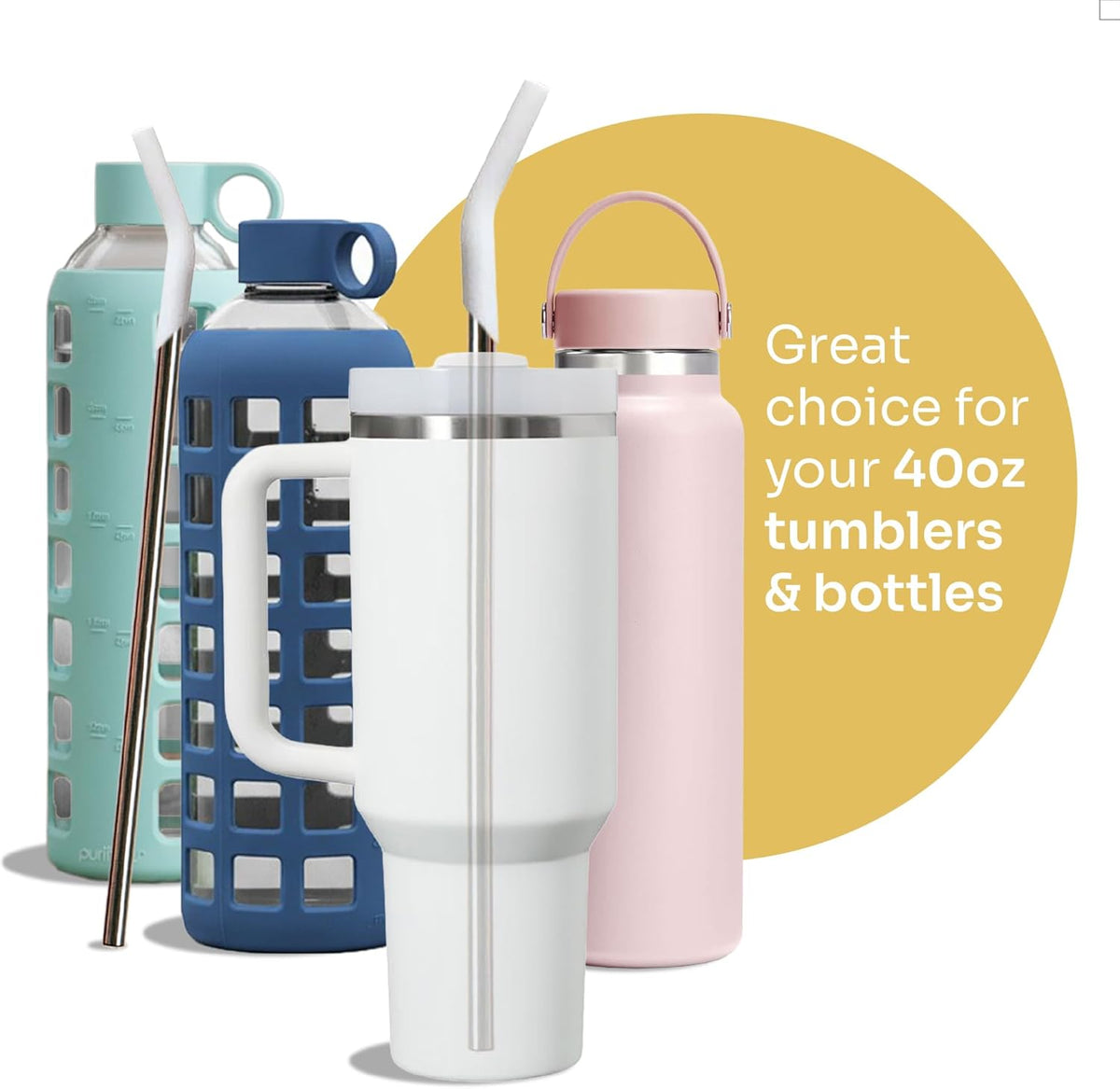purifyou 14.5" Stainless Steel Straws with Silicone Tips, Extra Long & Wide Reusable Metal Straws for Tumblers, Smoothies, Milkshakes (Set of 10 with Brush)