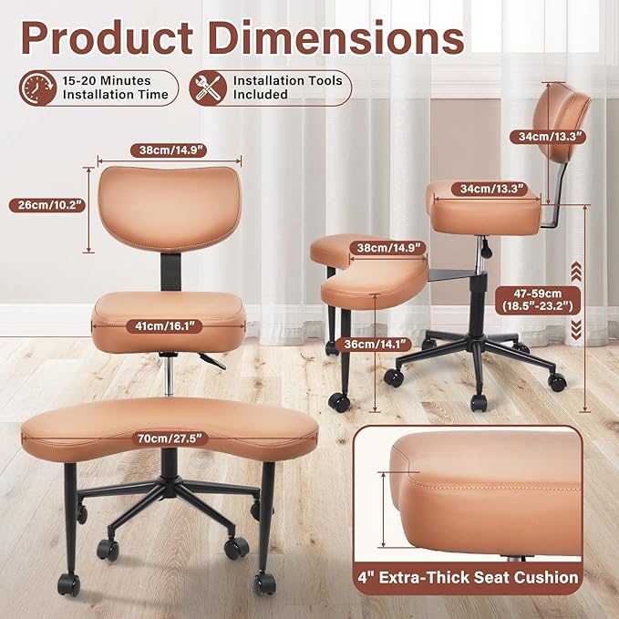 Meditation Chair Cross Legged ADHD Office Chair for Adults with Wheels Ergonomic Back Support and Leg Rest for Multi Position Criss Cross Sitting Kneeling and Yoga Height Adjustable, Leather Style