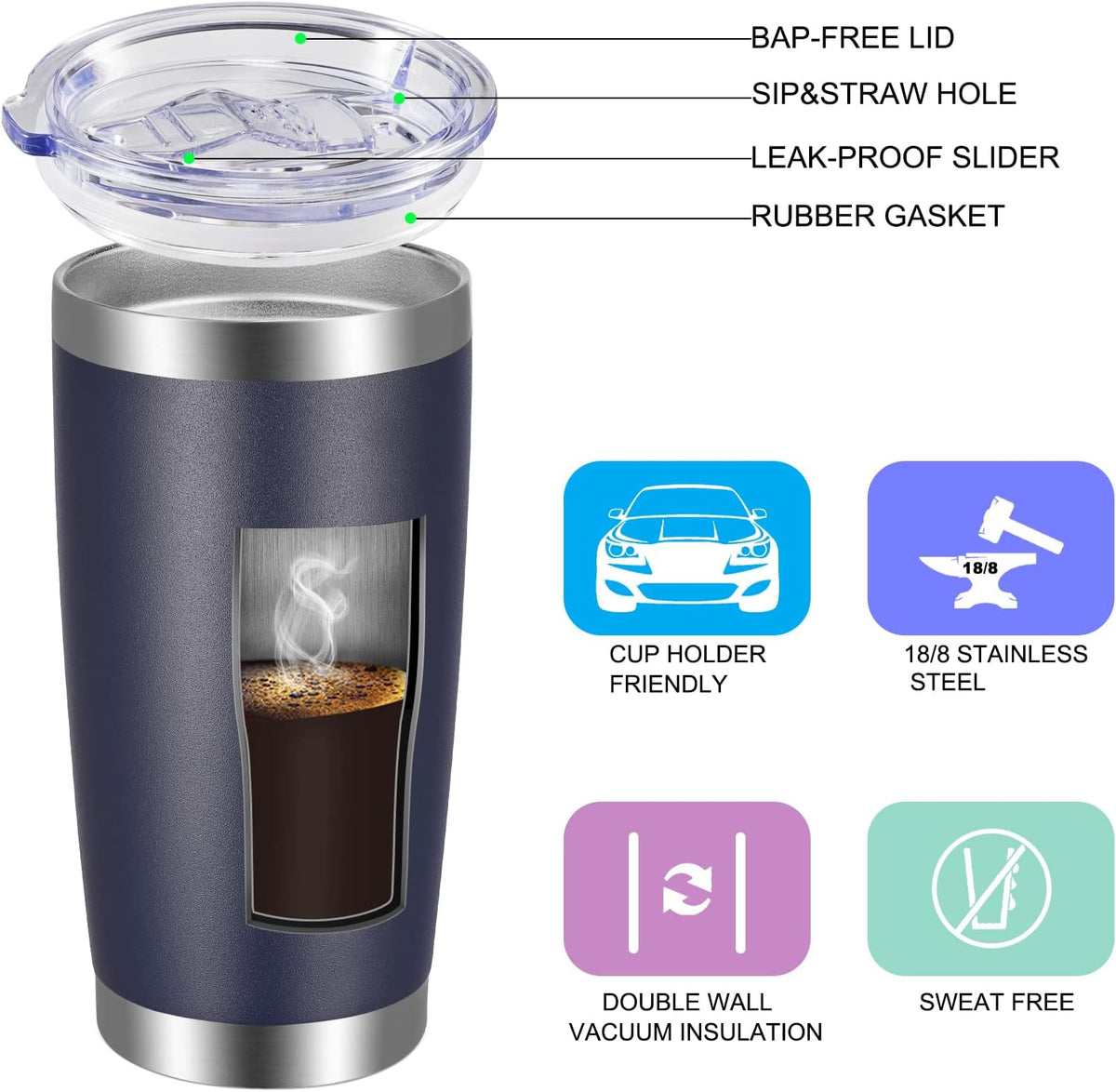 VEGOND 20oz Tumbler with Lid and Straw Stainless Steel Tumbler Cup Vacuum Insulated Double Wall Travel Coffee Mug Powder Coated Coffee Cup(Navy Blue 1 Pack)