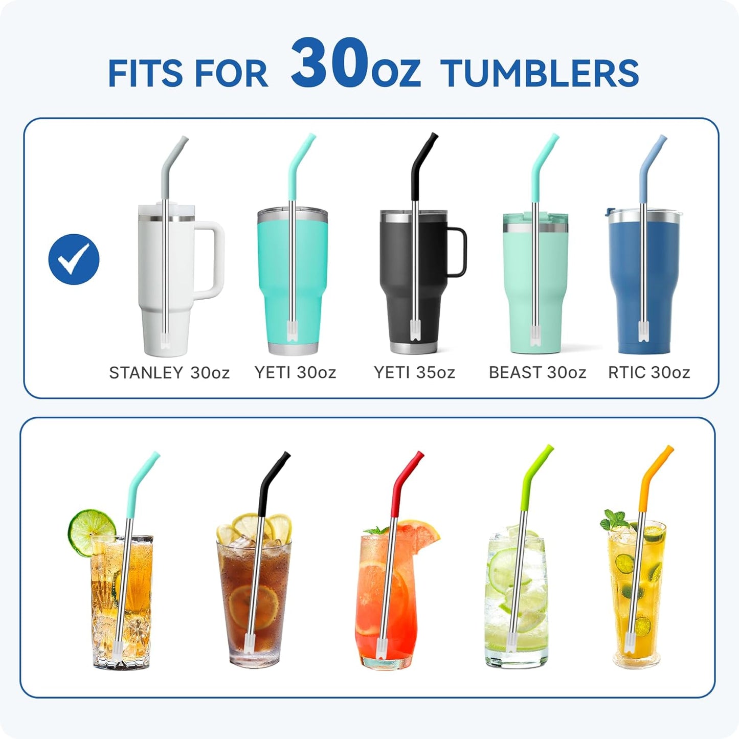 Reusable Metal Straws with Silicone Tip for Stanley 30oz,Stainless Steel Drinking Straws for 30oz Tumbler,3 Straight Tubes & 6 Tips& 1 Cleanr Brush (Chambray)