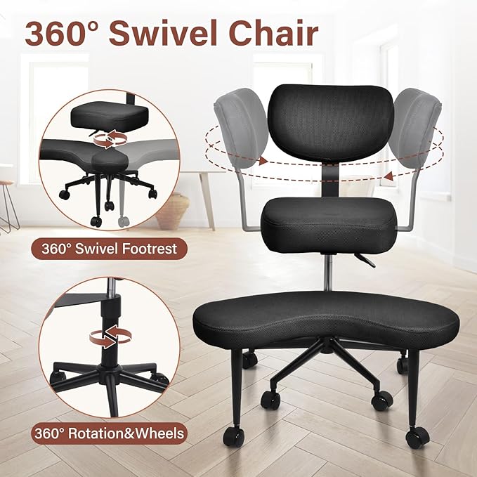 Meditation Chair Cross Legged ADHD Office Chair for Adults with Wheels Ergonomic Back Support and Leg Rest for Multi Position Criss Cross Sitting Kneeling and Yoga Height Adjustable, Mesh Style