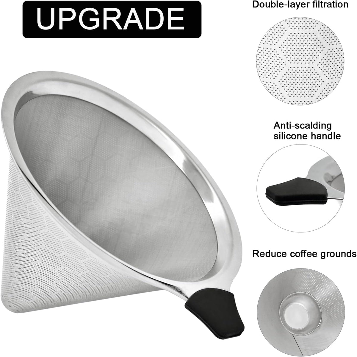Pour Over Coffee Filter Compatible with Chemex & Hario V60 02 03, Reusable Stainless Steel Metal Cone Slow Drip Coffee Filter, 2-4 Cups Coffee Pour Over Dripper Filters