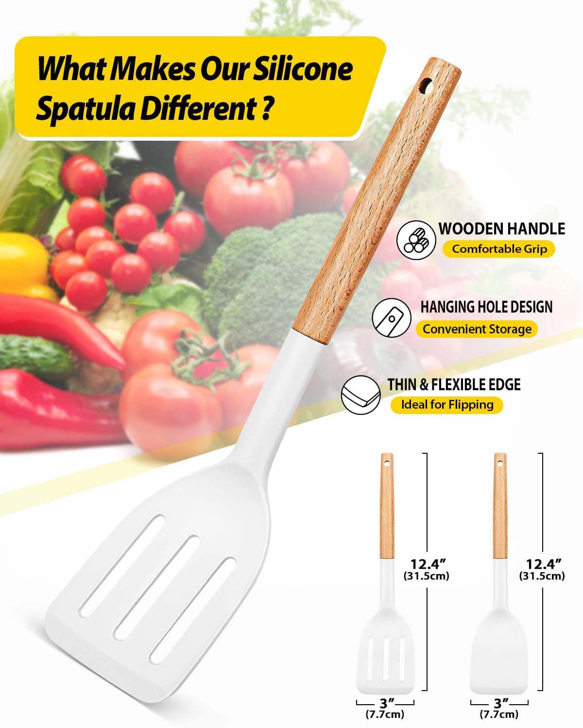 Pack of 2 Silicone Cooking Spatula, Heat Resistant Solid Turner, Non Stick Slotted Spatulas with Wooden Handle,Ideal Wood Kitchen Utensils Set for Frying, Baking, Flipping, Turning (WHITE)