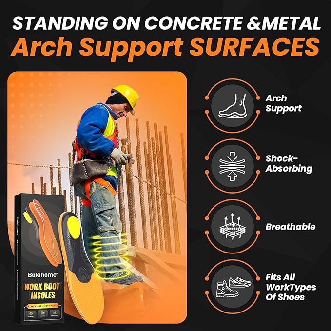 Bukihome Work Boot Insoles for Construction & Standing All Day - Heavy Duty Orthotic Shoe Inserts with Shock Absorption, Arch Support & Fatigue Reduction Durable Support Fits Work Boots -M