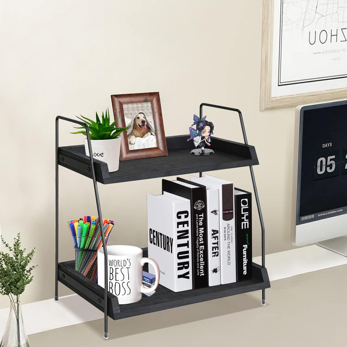 Yusepure Coffee Bar Accessories and Organizer Countertop, Coffee Station Organizer Kitchen Counter Shelf Organizer,Coffee Condiment Storage,Cup Lid Holder Countertop Shelf for Bathroom (Black)