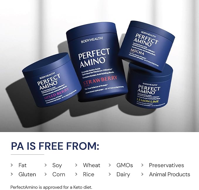 BodyHealth PerfectAmino Powder - BCAA and EAA Powder for Pre and Post Workout - Amino Acid Energy Drink for Men and Women to Support Lean Muscle and Recovery - Strawberry - 120 Servings