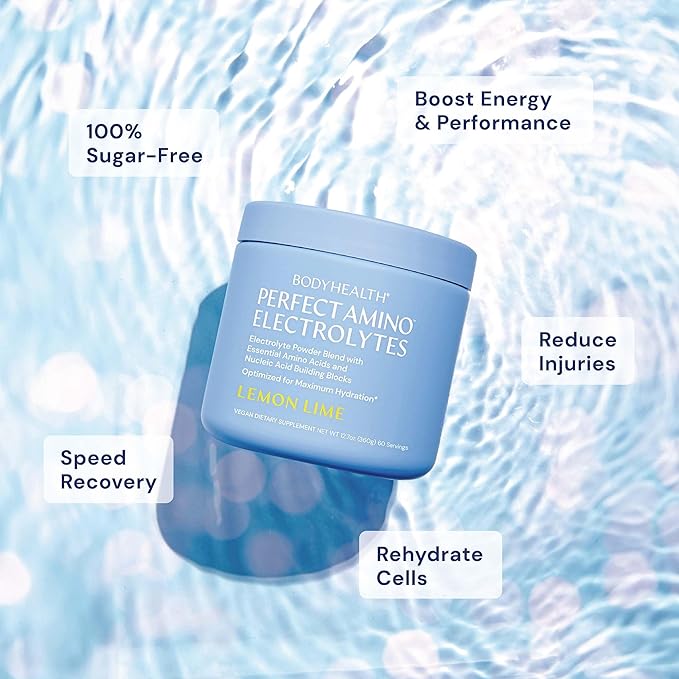 BodyHealth PerfectAmino Electrolyte Powder No Sugar, Hydration Fasting Keto Zero Sugar Electrolytes Drink Mix with Trace Minerals - Lemon Lime - 30 Servings