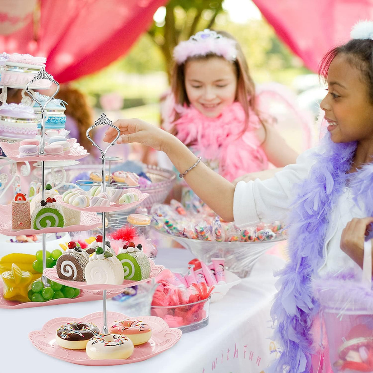 Cupcake Stand,2 Set of 3-Tier Dessert Plates Mini Cakes Fruit Candy Display Tower Cookie Tray Rack Candy Buffet Holder Plastic Cake Stand for Wedding Home Holiday Birthday Christmas Party Decor (Pink)