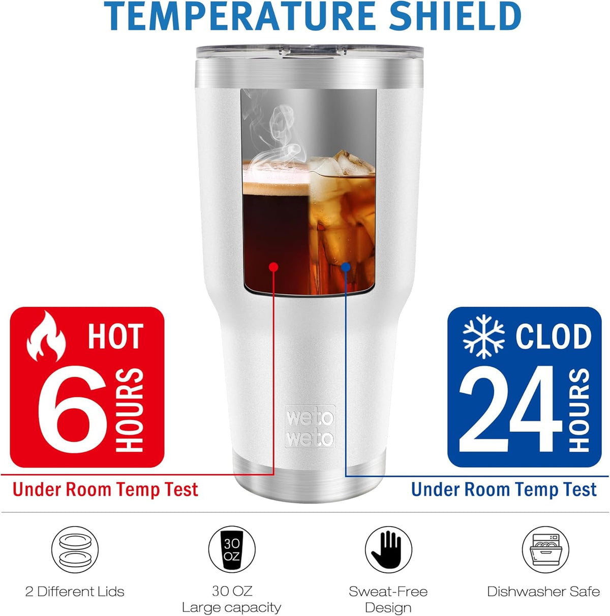 WETOWETO 30oz Tumbler, Stainless Steel Vacuum Insulated Water Coffee Tumbler Cup, Double Wall Powder Coated Spill-Proof Travel Mug Thermal Cup for Home Outdoor (White, 1 Pack)
