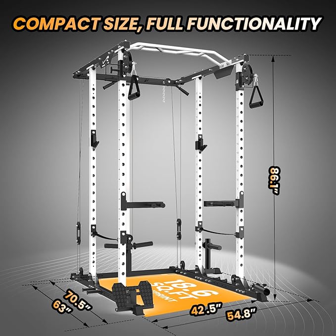 GaveeLife Power Cage, 2000 LBS Power Rack with Cable Cross-Over System, Multi-Functional Strength Training Squat Rack with LAT Pull Down System, Home Gym Equipment with Training Attachment, Red