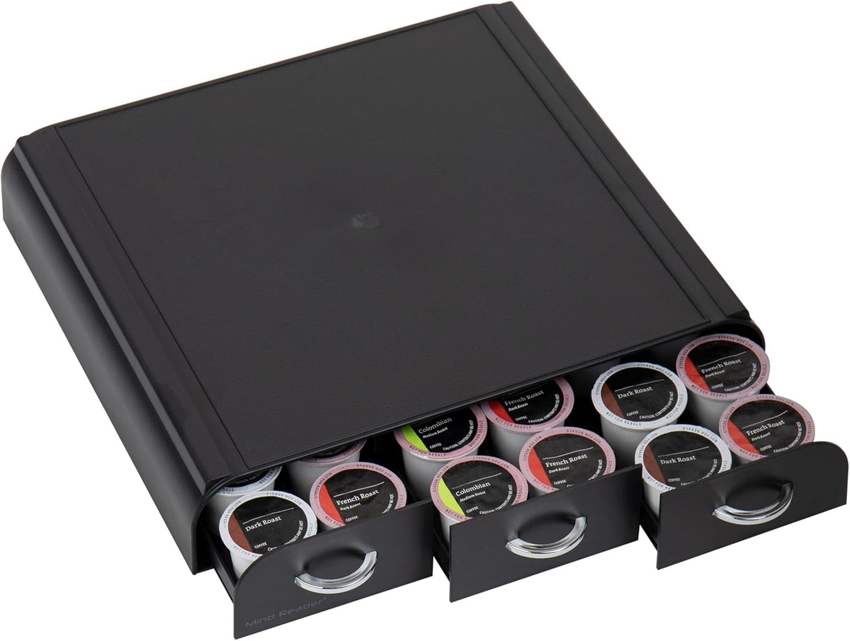 Mind Reader Single Serve Coffee Pod Organizer with 3 Drawers, 36 Pod Capacity, 13.5"L x 12.25"W x 2.5"H, Black