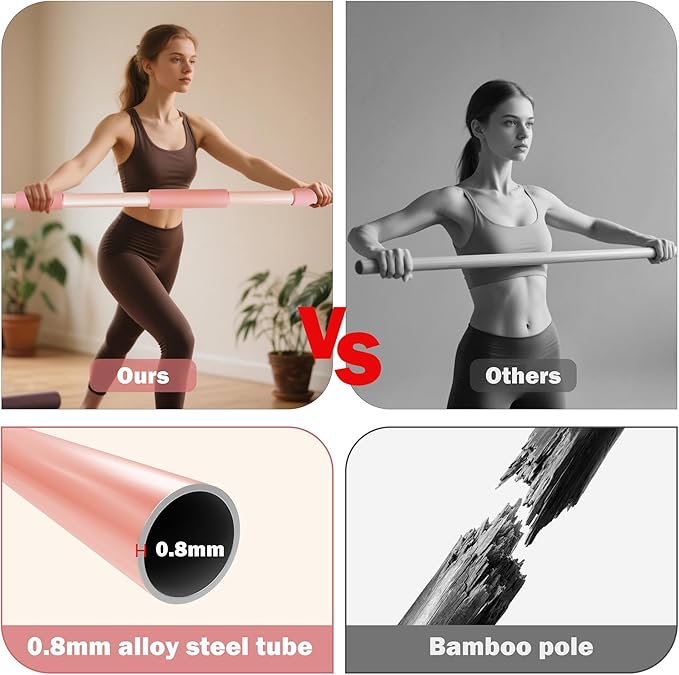 Pink Yoga Stick 58 Inch - Alloy Steel Stretching, Mobility & Exercise Stick with Neck & Hand Pads, Shoulder Flexibility Tool for Yoga, Pilates & Home Gym Workouts