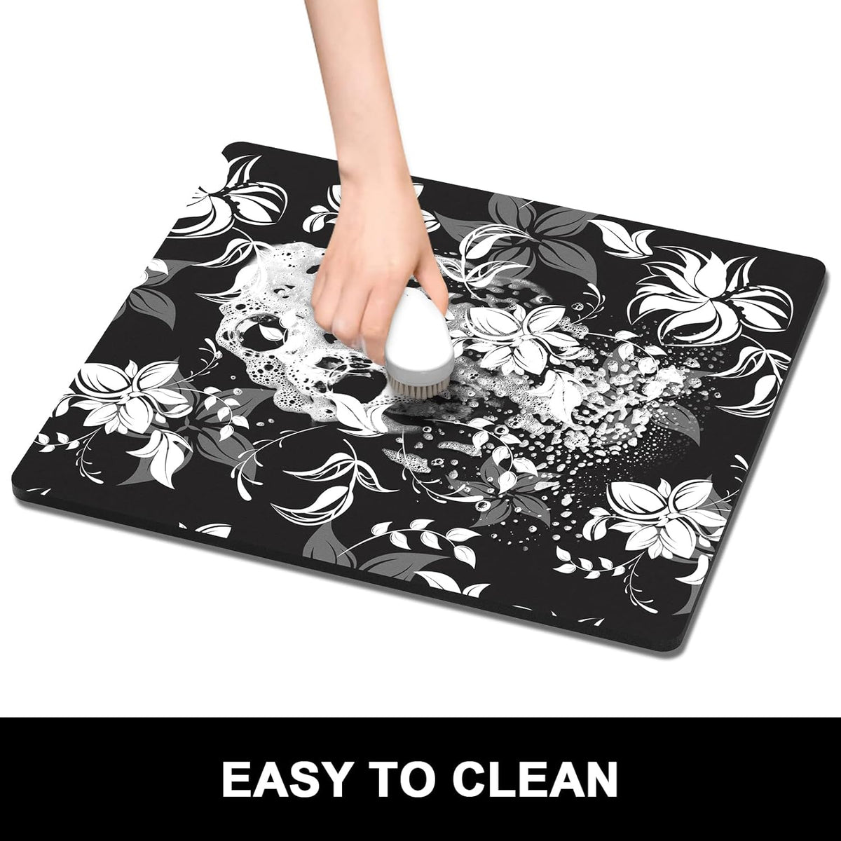 Rnivvi Dish Drying Mat for Kitchen Counter, 16 x 18" Cute Flower Theme Absorbent Heat Resistant Drying Pad with Non-slip Rubber, Coffee Bar Mats for Dish Rack Kitchen Accessories, Black White