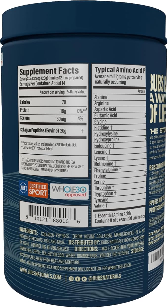 BUBS Naturals Unflavored Collagen Peptides Powder, Best Proteins for Joints & Skin, Pasture Raised Grass Fed, Paleo and Keto Friendly, Whole30 Approved, Non-GMO Dairy & Gluten Free, 10oz, 14 Servings