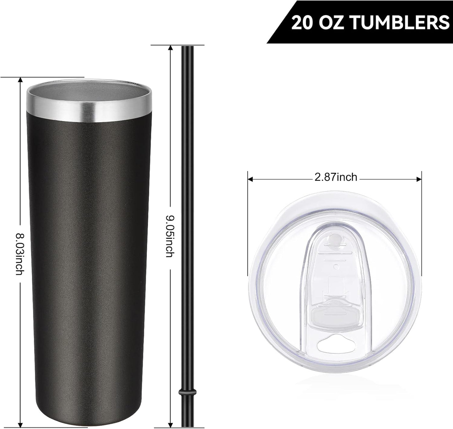 VEGOND Stainless Steel Tumblers Bulk 8 Pack, 20 oz Vacuum Insulated Skinny Tumblers with Lid and Straw, Double Wall Coffee Mug, Travel Water Cup, Black