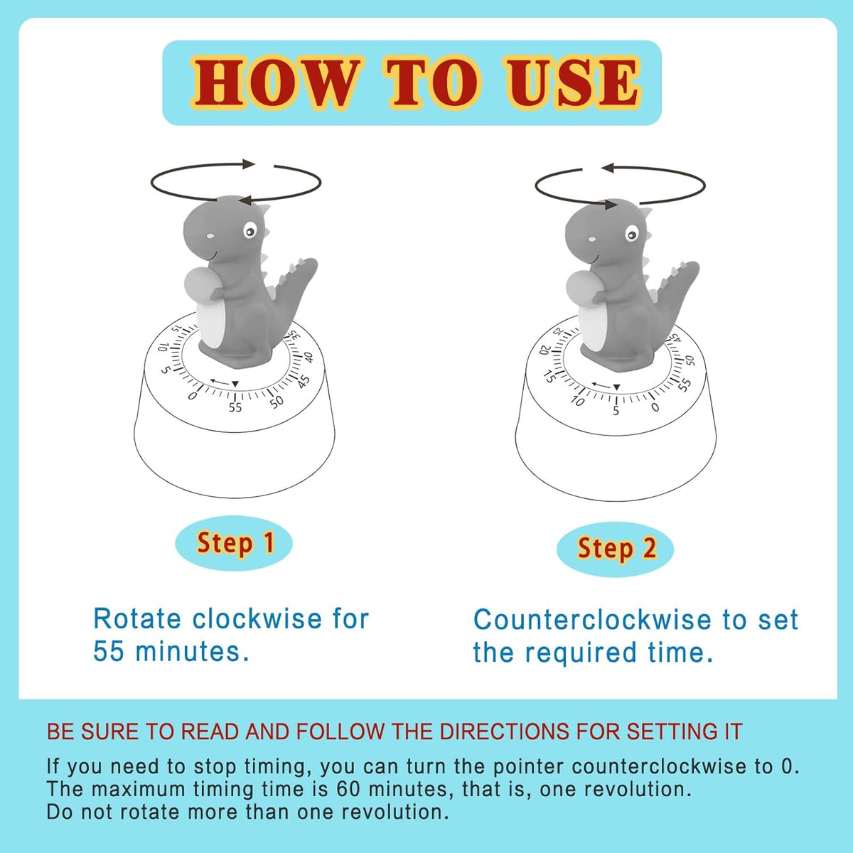 60 Minutes Mechanical Kitchen Timer,Cute Dinosaur Timer for Kids,Wind Up Egg Timer for Cooking,Reading,Classroom and Do Sports. (Sky Blue)