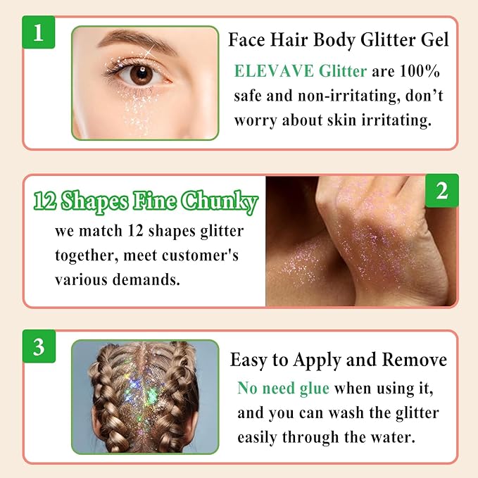 Body Glitter Face Glitter, Hair Glitter for Kids, 12 Shapes Fine Chunky Glitter Gel for Women Girls Makeup Sparkles Party Mermaid Sequins Rave Accessories Singer Concerts Festival (Red Scheme)